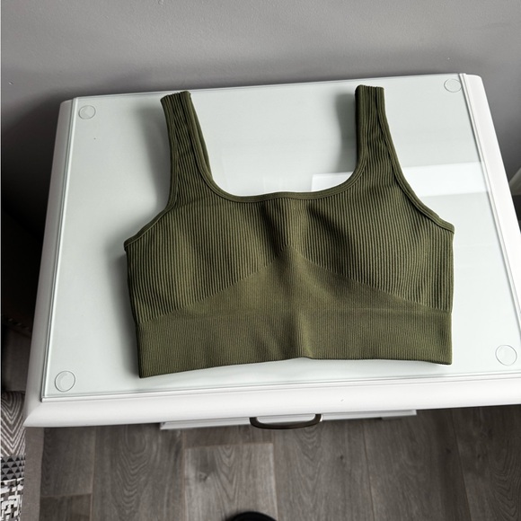 Olive Green Ribbed Crop Top - Picture 2 of 5